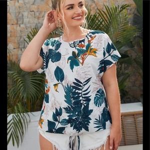 Shein Curve women's size 1x floral drawstring tie waist cotton top size